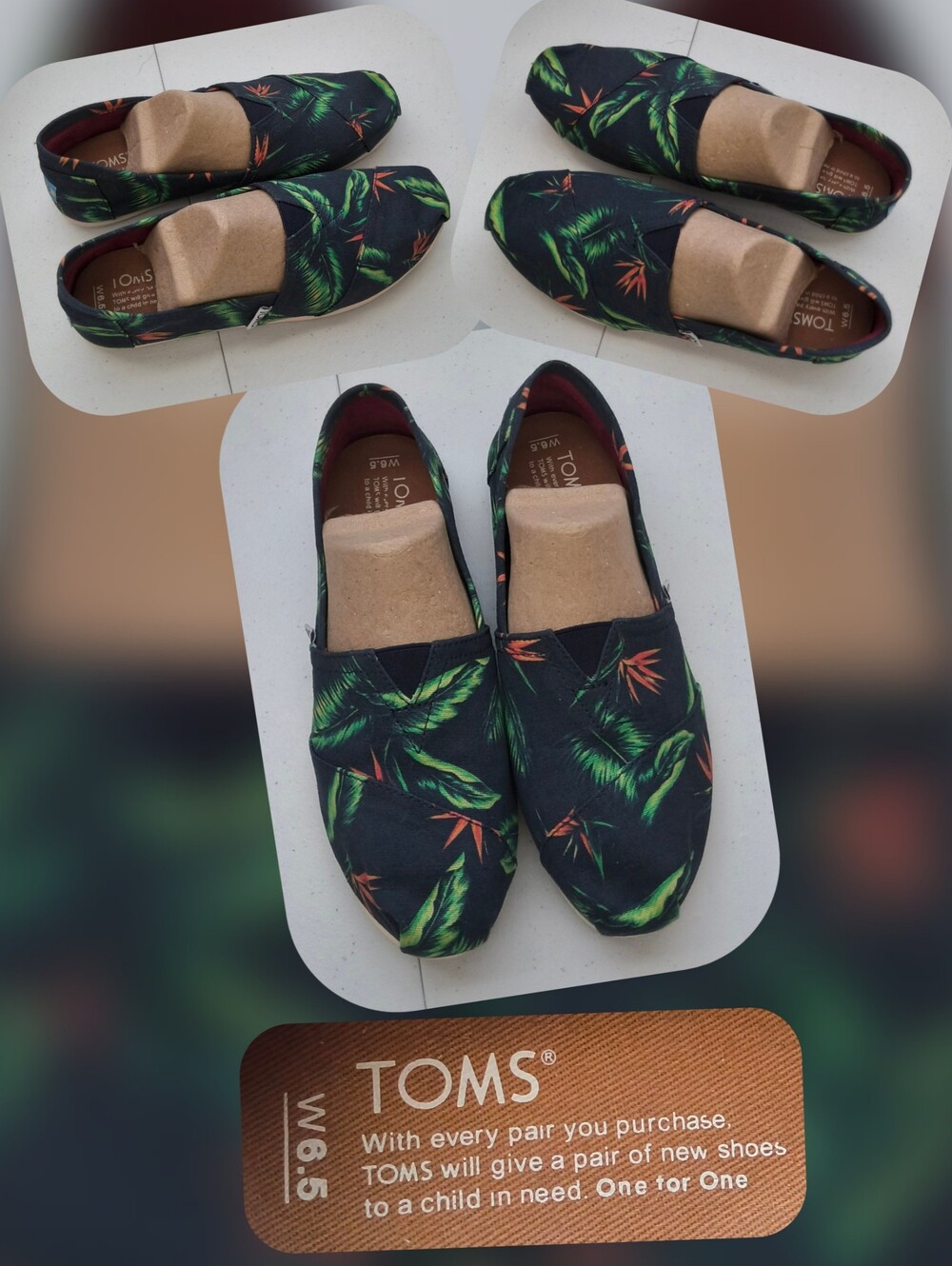 TOMS Woman's Blue Canvas Slip-Ons with Green and Orange Leaf Print